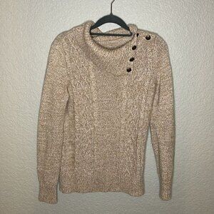 Chunky Cable Knit Heathered Beige Tan Button Fold Over Cowl Neck Sweater